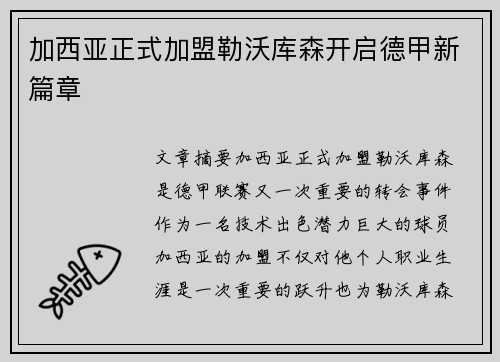 加西亚正式加盟勒沃库森开启德甲新篇章