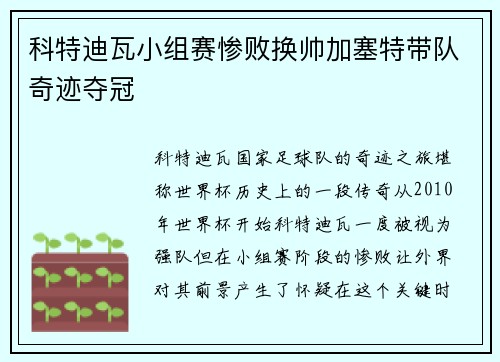 科特迪瓦小组赛惨败换帅加塞特带队奇迹夺冠 科特迪瓦小组赛惨败换帅加塞特带队奇迹夺冠