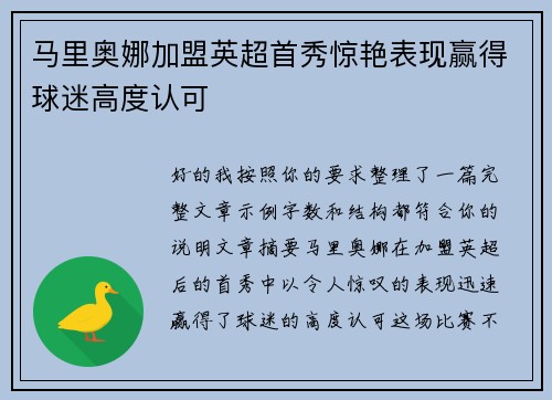 马里奥娜加盟英超首秀惊艳表现赢得球迷高度认可 马里奥娜加盟英超首秀惊艳表现赢得球迷高度认可