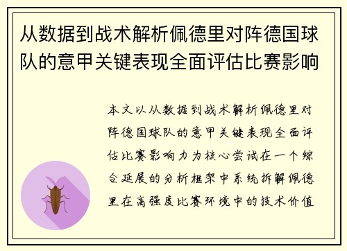 从数据到战术解析佩德里对阵德国球队的意甲关键表现全面评估比赛影响力